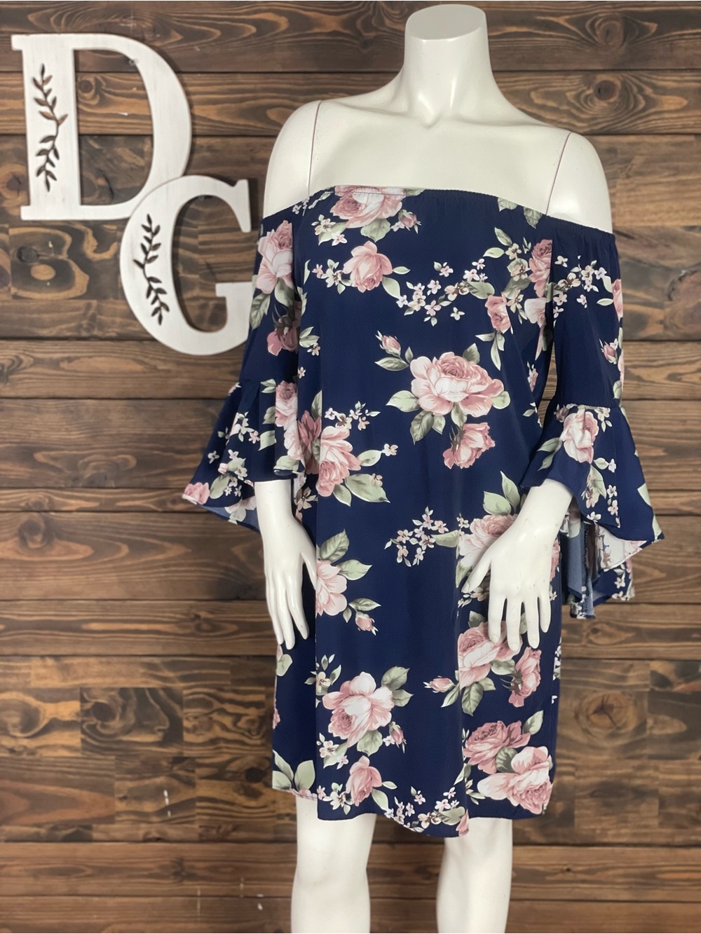 Ace‎ Fashion | Off-Shoulder Navy Floral Dress with Bell Sleeves